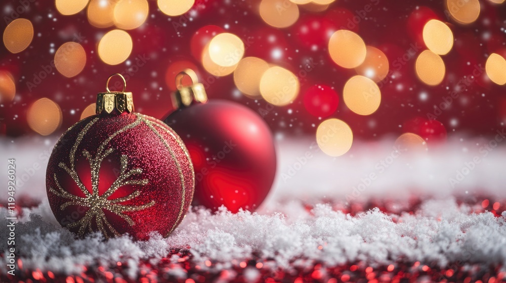 Poster a vibrant red christmas background with soft golden bokeh lights and sparkling snowflakes creating a