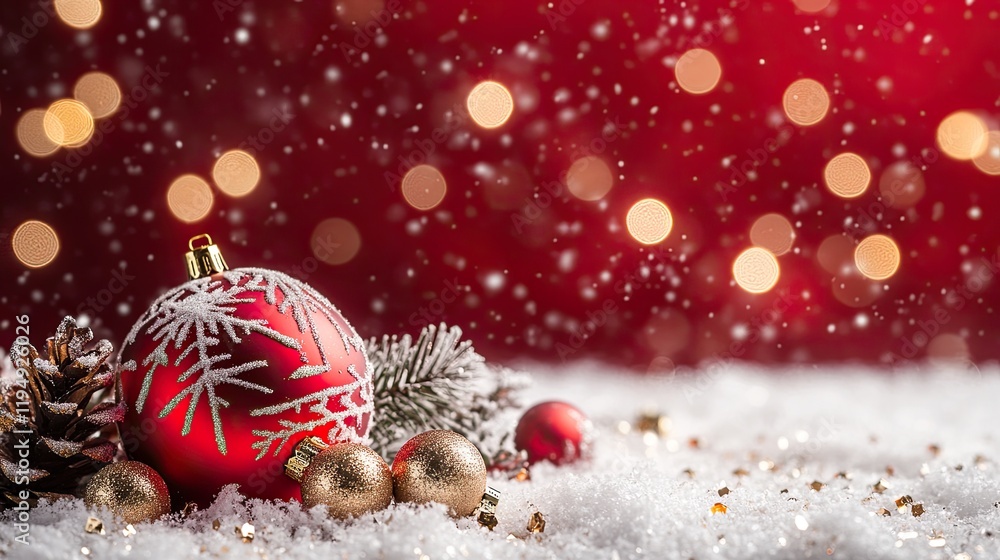 Poster a vibrant red christmas background with soft golden bokeh lights and sparkling snowflakes creating a