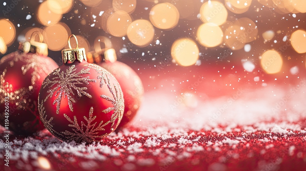 Poster a vibrant red christmas background with soft golden bokeh lights and sparkling snowflakes creating a