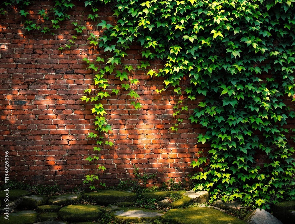 Poster weathered red brick wall with green ivy growing along its surface, creating a rustic and natural loo