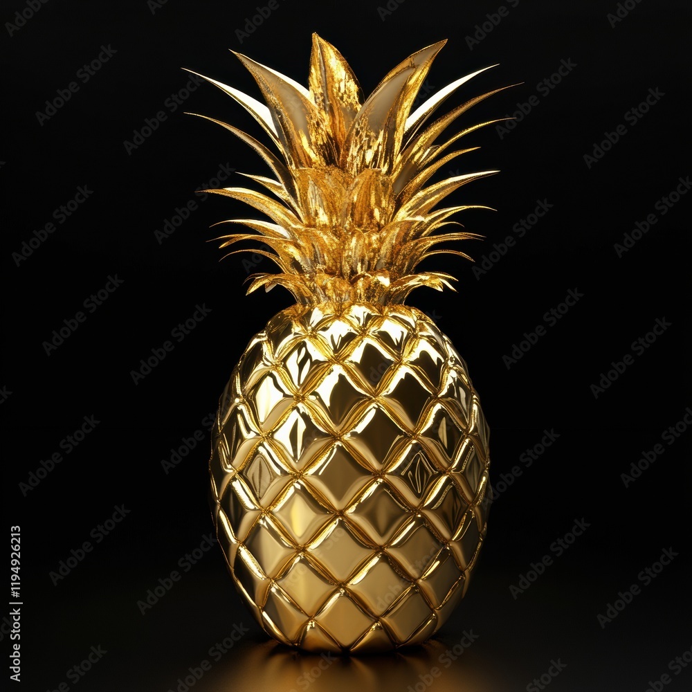 Poster luxurious golden pineapple displayed against a dark background in an elegant setting. generative ai