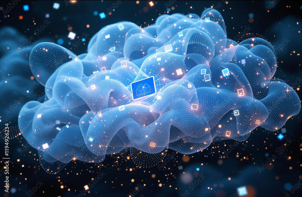 Poster abstract digital art piece featuring a cloud-like shape with a glowing blue square in the center, surrounded by colorful particles and a dark background.