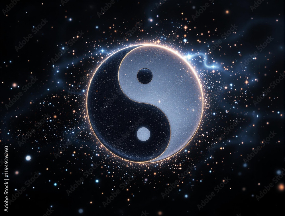 Aufkleber digital rendering of the yin yang symbol set against a starry space background, with glowing light e