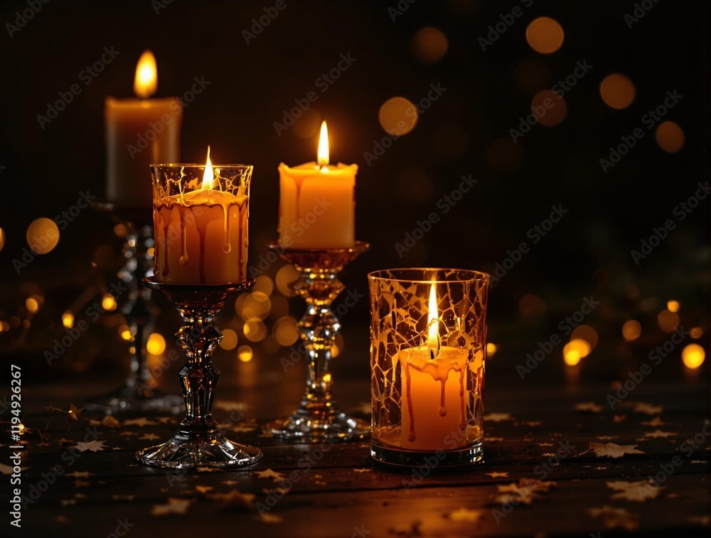 Poster dark, cozy setting with three lit candles placed in different glass holders on a wooden table, creat