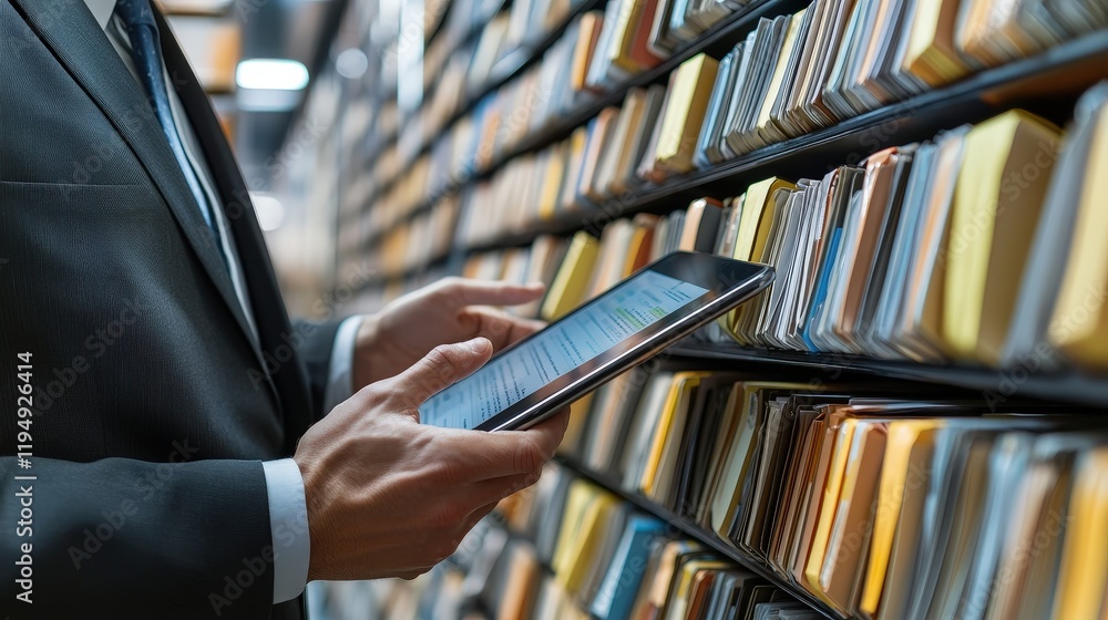 Poster businessman in formal wear working on tablet while organizing documents in modern office library wit