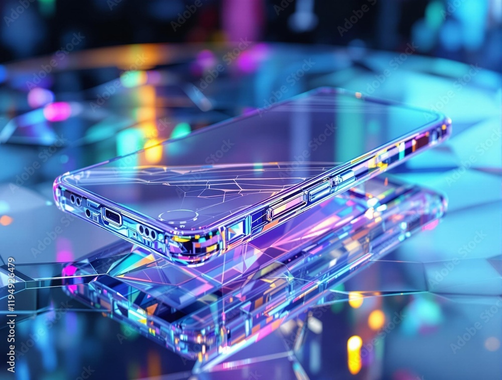 Poster close-up of a transparent case on a glass surface, with colorful, reflective light phenomena visible