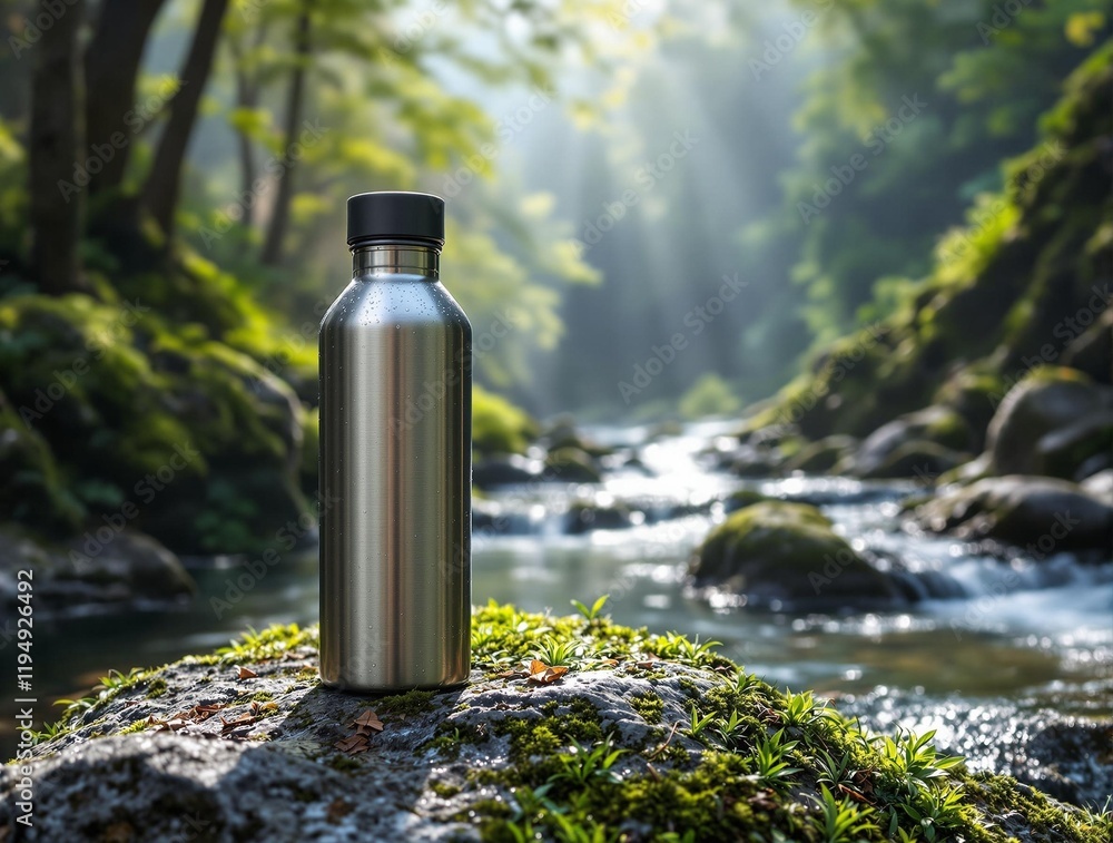 Poster metal water bottle placed on a moss-covered rock near a stream in a forested area. sunlight filters 