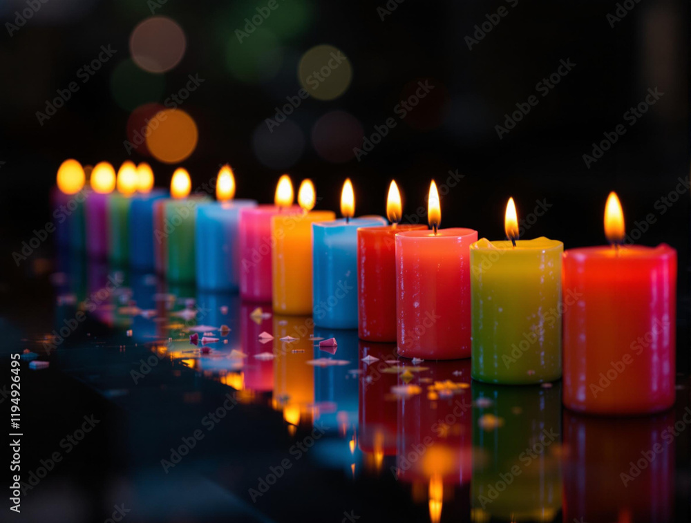 Poster collection of colorful candles with different colors like red, yellow, blue, and green lit up on a r