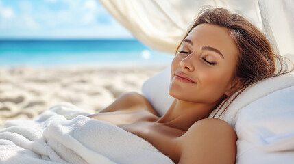 Woman relaxing on tropical beach bed. Ideal for luxury travel and wellness retreat content