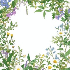 Naklejka premium Delicate Wildflower Floral Frame for Invitations and Decor Nature Bright and Vibrant Green Leaves