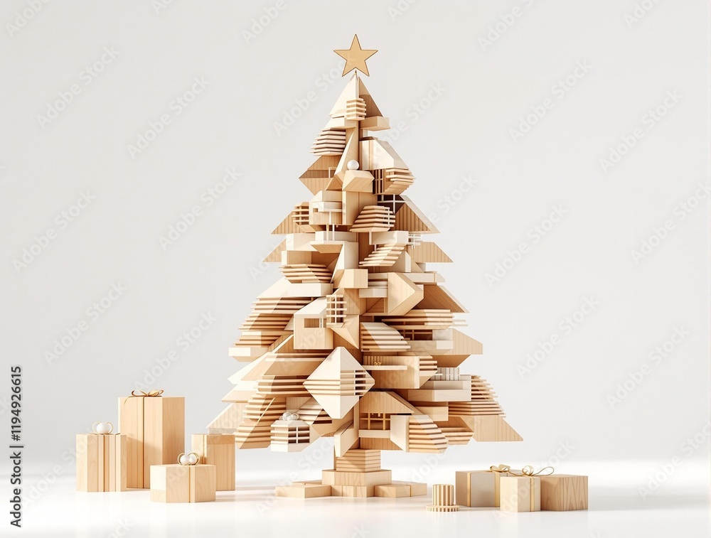 Poster modern, minimalist christmas tree made of wooden blocks or geometric shapes. the tree is decorated w