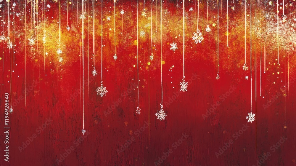 Poster a vibrant red gradient with cascading snowflakes and shimmering festive lights.