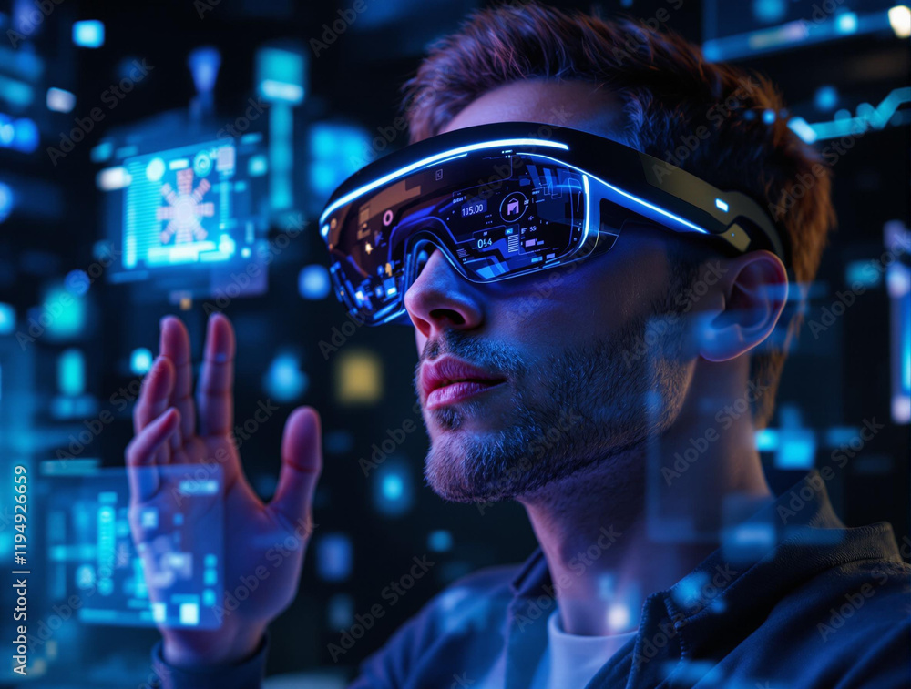 Poster a man is wearing futuristic glasses surrounded by virtual screens. he appears to be interacting with