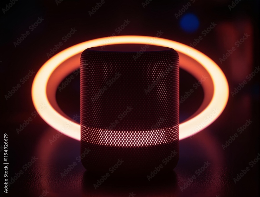 Poster small, black, cylindrical object with a glowing red ring around it. the background is dark, highligh