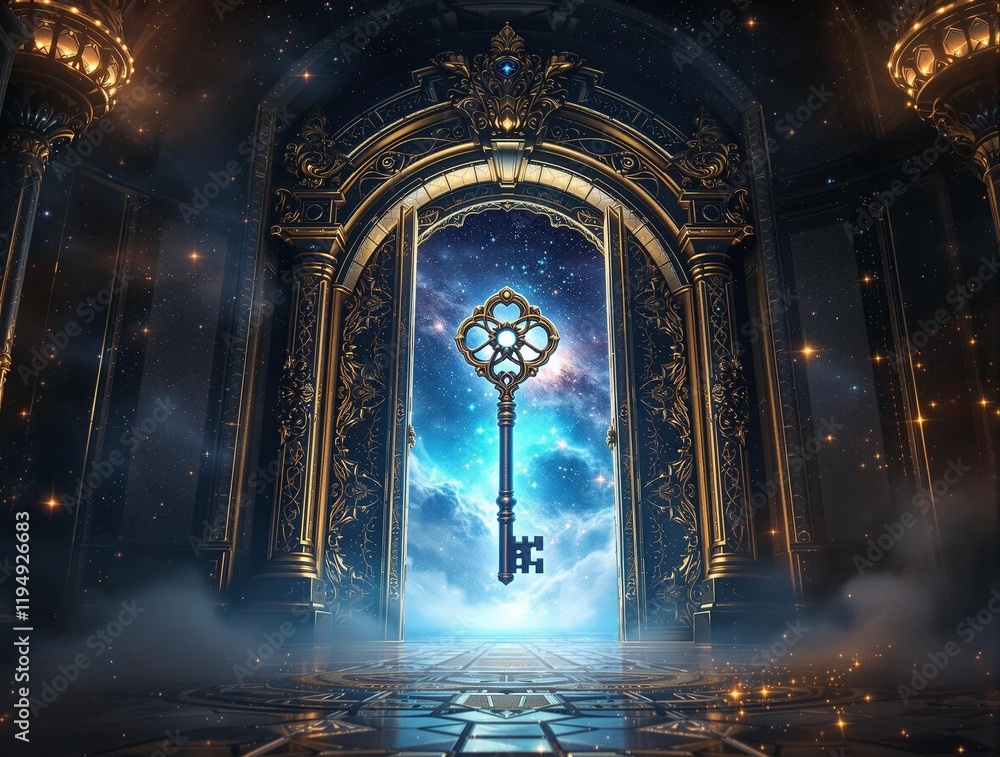 Aufkleber dark room with a door open to another world that looks like a galaxy. A gold key is floating in the air in front of the open door.