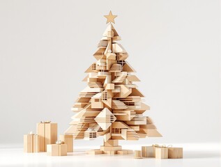 modern, minimalist Christmas tree made of wooden blocks or geometric shapes. The tree is decorated with a star on top and is accompanied by wrapped presents scattered around its base. The overall colo