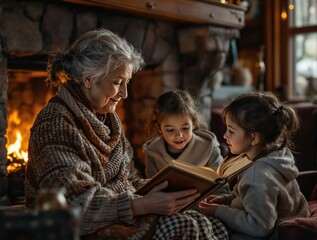 Obraz premium An elderly woman is sitting with two young girls by a fireplace. They are all looking at an open book.