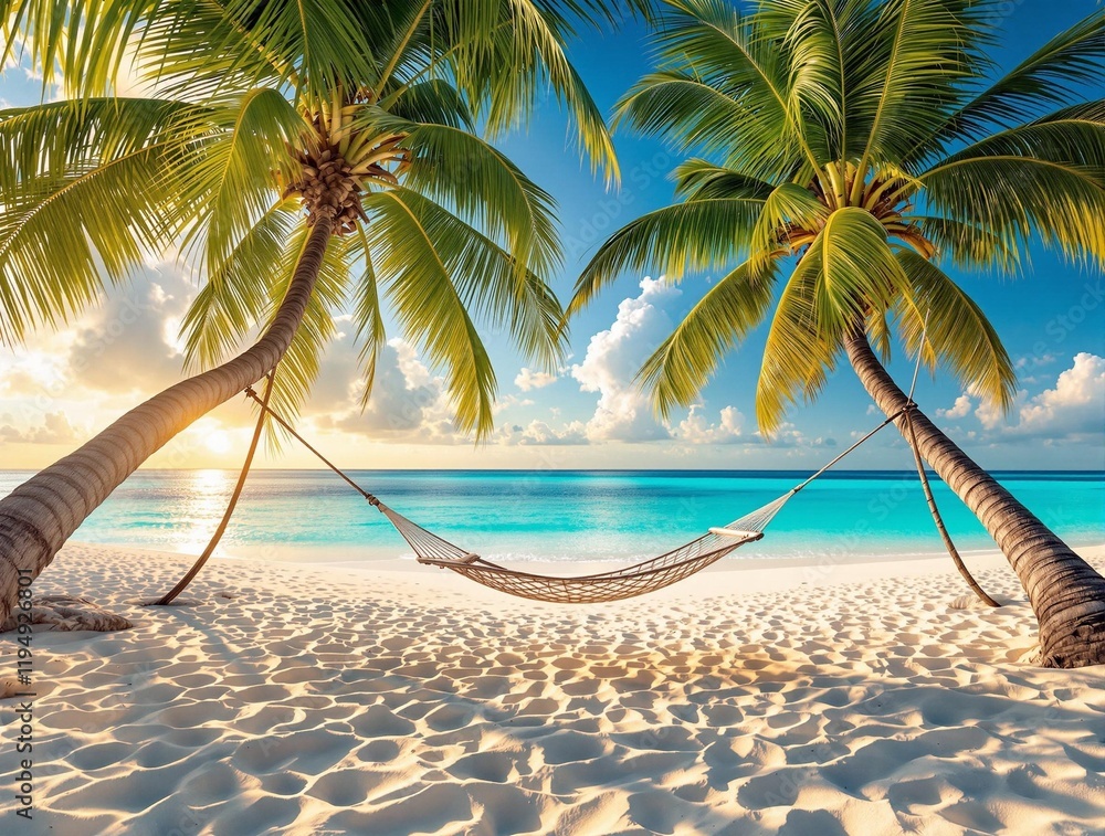 Poster serene beach scene with two tall palm trees and a hammock stretched between them. The sky is clear with a few clouds, and the ocean is a beautiful turquoise color.