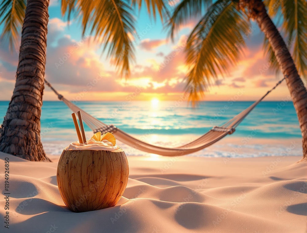 Poster serene beach scene with a hammock strung between two palm trees, a coconut drink sitting on the sand