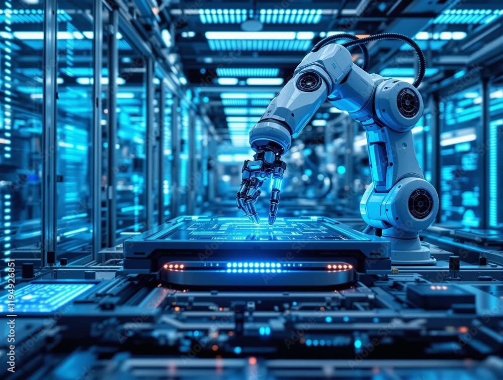 Aufkleber futuristic robotic arm in a high-tech environment, possibly a laboratory or manufacturing facility, 