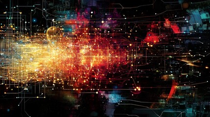 Fototapeta premium Abstract Digital Network Technology Background Red Orange Yellow Glowing Lines Futuristic Data Stream Bright Energetic Modern Graphic Design 