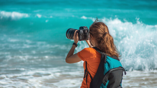 Female photographer capturing ocean waves. Perfect for creative professionals and adventure content