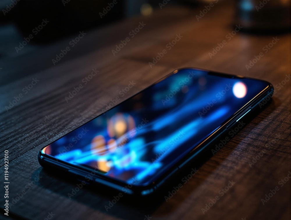 Poster smartphone with a sleek, black design, placed on a wooden surface. the screen is displaying a blue a