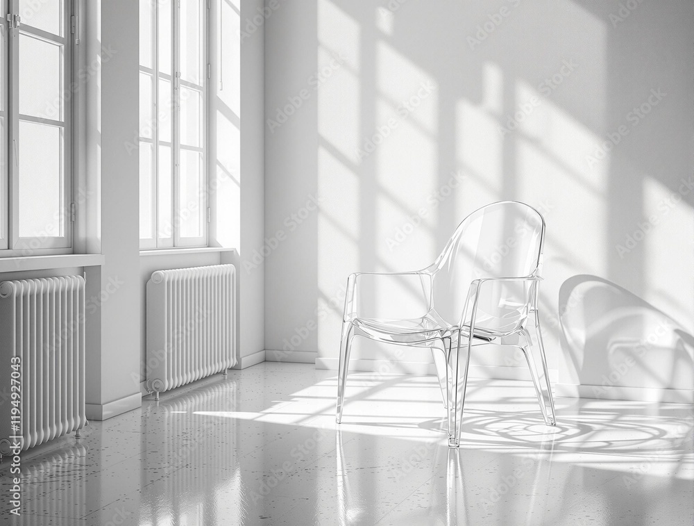 Poster modern, minimalist room with a translucent chair placed in the center. natural light streams in from