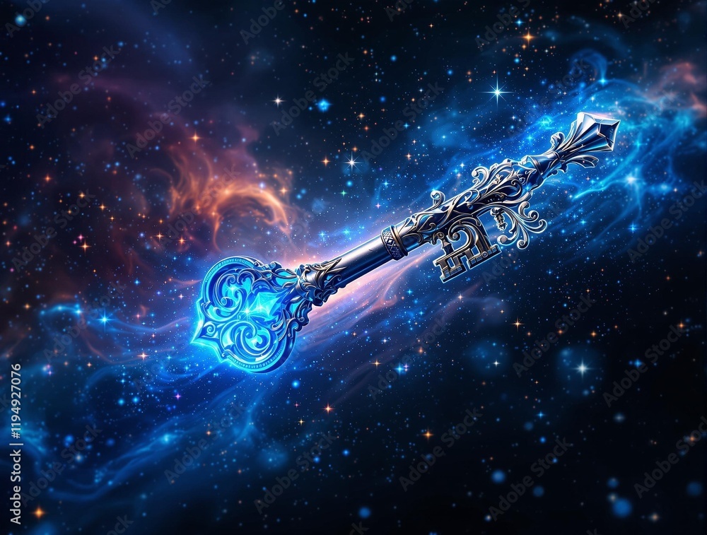 Poster glowing, futuristic key with intricate designs, set against a backdrop of a starry, cosmic sky with 