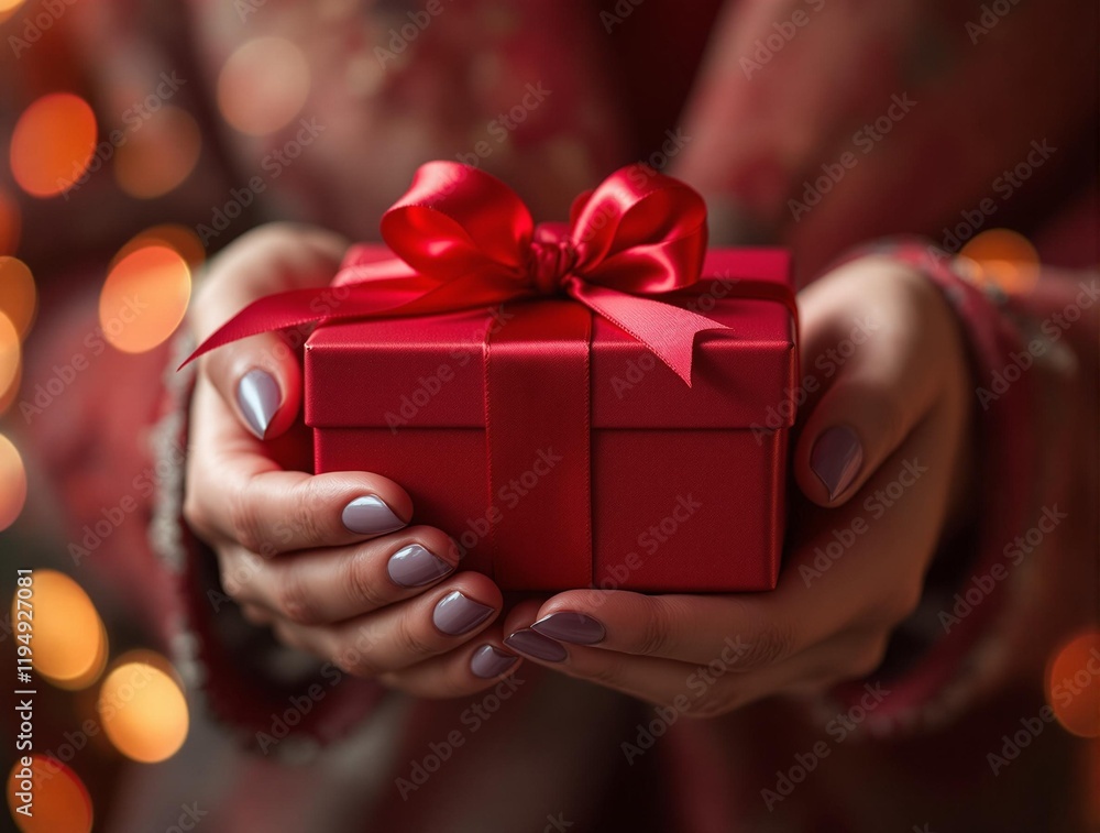 Poster person in a red sweater holding a red gift box with a decorative bow. The background features blurred lights, creating a bokeh effect.