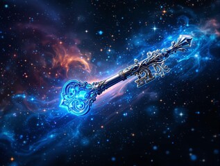 glowing, futuristic key with intricate designs, set against a backdrop of a starry, cosmic sky with vibrant colors.