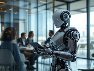 humanoid robot standing in a modern office environment, observing a meeting.