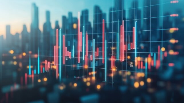 Abstract Business Background with Glowing Bar Graphs and Skyline