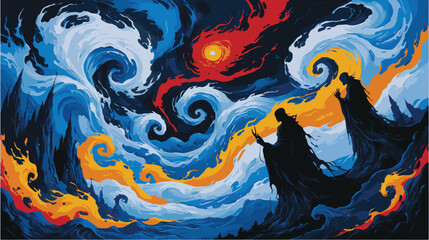 Fiery surreal landscape with swirling dark silhouettes.