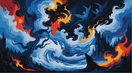 Fiery surreal landscape with swirling dark silhouettes.