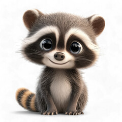 Fototapeta premium 3D Cartoon cute raccoon character with big eyes and fluffy fur sitting happily isolated on transparent background PNG