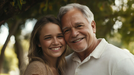 Father daughter embrace in natural setting. Great for family relationships and generational bonds