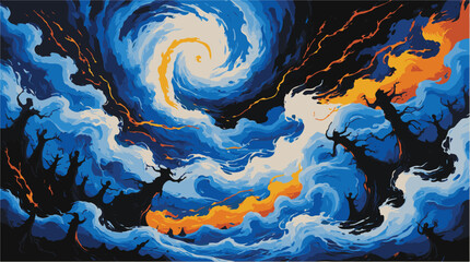 Fiery surreal landscape with swirling dark silhouettes.