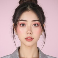 Fototapeta premium a close up of a woman with a pink makeup and a gray shirt