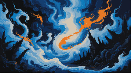 Fiery surreal landscape with swirling dark silhouettes.
