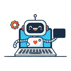 Friendly robot assistant working on a laptop computer, offering help and support