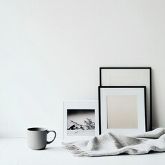 Minimalist Home Decor Coffee Mug and Framed Photos in Bright Living Room Modern Aesthetic Calm Atmosphere Close-Up