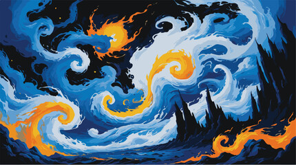 Fiery surreal landscape with swirling dark silhouettes.