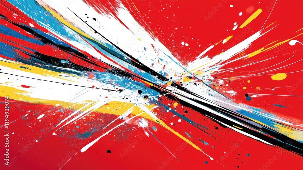 Poster an abstract red background with sharp lines and scattered color bursts, giving a bold, artistic vibe
