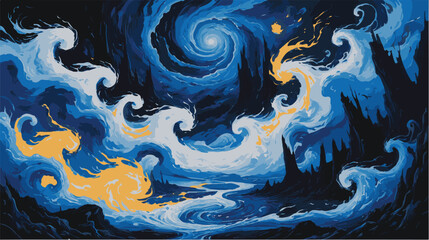 Fiery surreal landscape with swirling dark silhouettes.