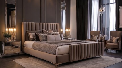 Fototapeta premium Velvet bed, mirrored side tables, and soft lighting in a glamorous bedroom, styled for a luxurious and hotel-like interior design concept