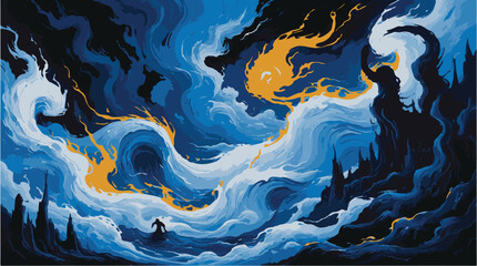Fiery surreal landscape with swirling dark silhouettes.