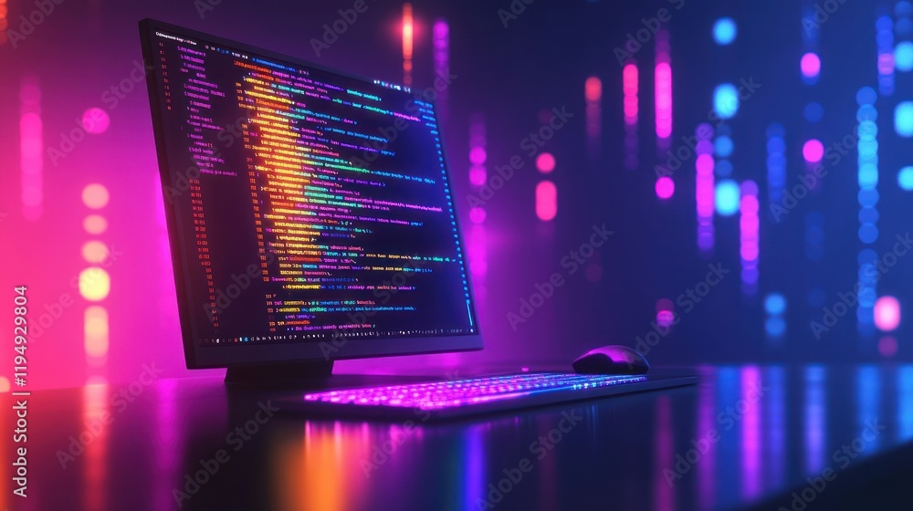 Poster computer screen displays colorful code lines in a dark room.