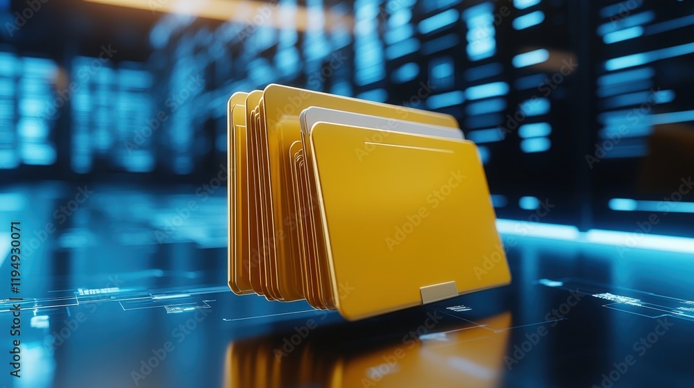 Poster vibrant yellow folders stacked on a futuristic digital background with abstract data elements and il