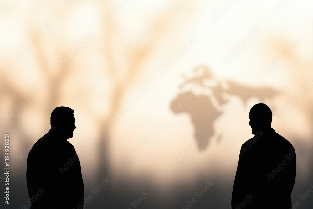 Poster two men standing in front of a blurry image of a world map
